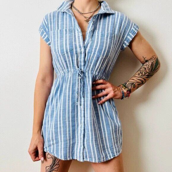 Japna Striped 100% Cotton Button Up Mini Shirt Dress Pockets Collared Size M - Picture 1 of 10